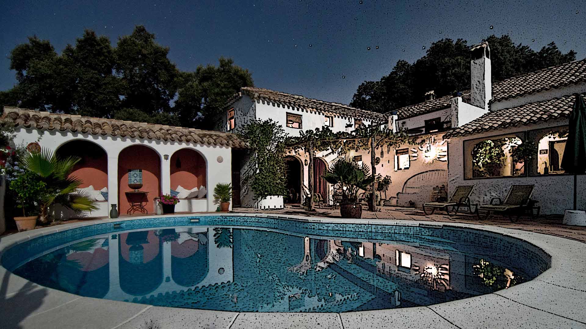Maison avec piscine de nuit, image retouchée